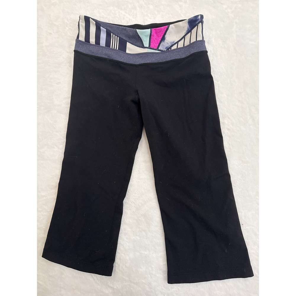 Lululemon Groove Crop Black Yoga Pants Multi Color Geometric Waistband Size 6